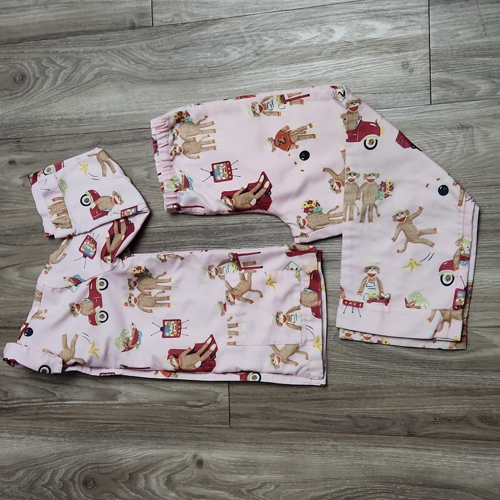 Nick Nora Pink Sock Monkey Sleepwear Button Up Top Elastic Waist Bottoms M-8